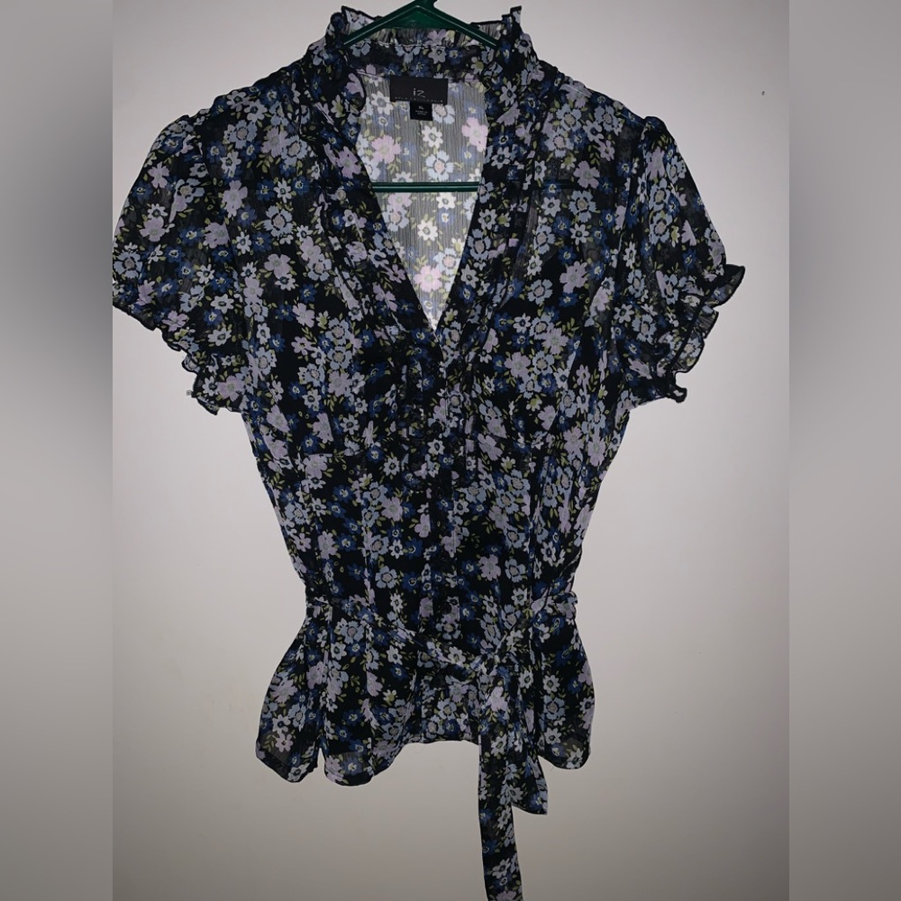 IZ Byer California Womens Size XL Floral Sheer‎ Blouse Attached Black Tank